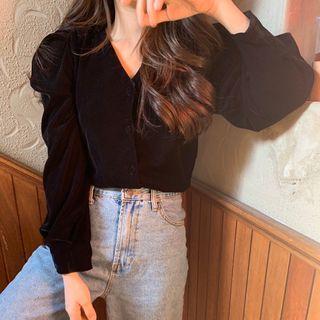 Puff-sleeve Plain Velvet Top Black - One Size