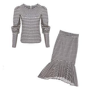Set: Houndstooth Puff-sleeve Top + Mermaid Pencil Skirt