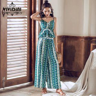 Set: Spaghetti Strap Patterned Frill Trim Top + Wide-leg Pants