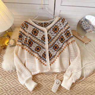 Long-sleeve Round-neck Pointelle-knit Cardigan