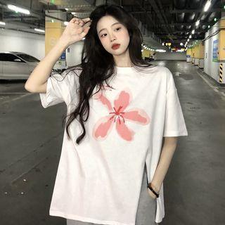 Short-sleeve Flower Print Slit T-shirt