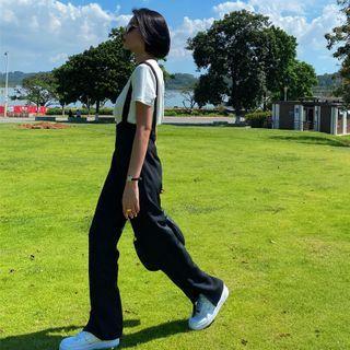 High-waist Plain Straight-cut Split Jumpsuit