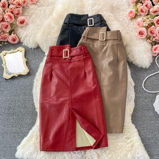 Belted Faux Leather Midi Skirt