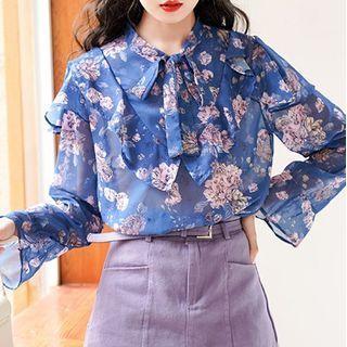 Long-sleeve Floral Top Retro Blue - One Size