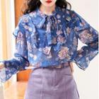 Long-sleeve Floral Top Retro Blue - One Size