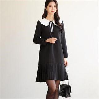 Tall Size Contrast-collar Pleated-hem Dress