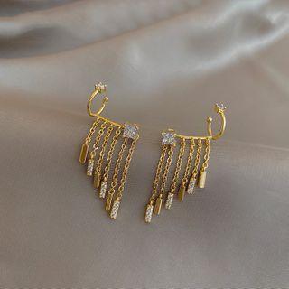 Rhinestone Fringed Earring 1 Pair - Silver Needle - Gold Plating - Gold - One Size