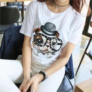 Beaded Dog-print T-shirt