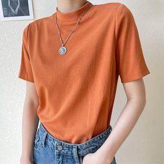 Plain Stand-collar Short-sleeve Top