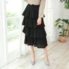 Band-waist Tiered Midi Skirt Black - One Size