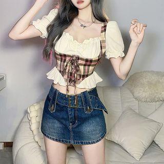 Short-sleeve Plaid Lace-up Crop Blouse