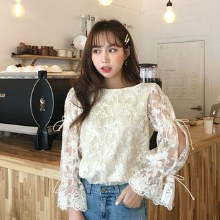 Tie-up Slit-sleeve Lace Peasant Blouse Cream - One Size