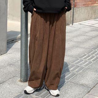 Elastic Waist Plain Loose Fit Draped Corduroy Pants
