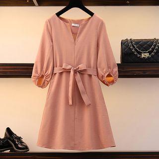Elbow-sleeve Sashed A-line Dress