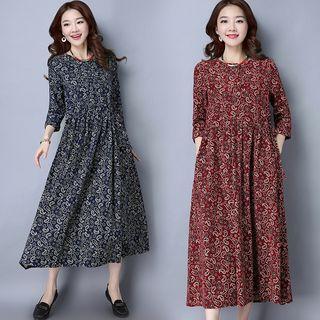 Corduroy Floral Print Long-sleeve Dress