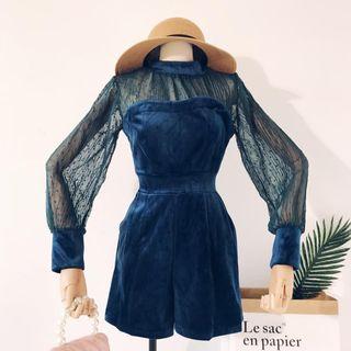 Long-sleeve Mesh Panel Pleuche Playsuit