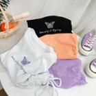 Butterfly Embroidered Drawstring Short-sleeve Cropped T-shirt