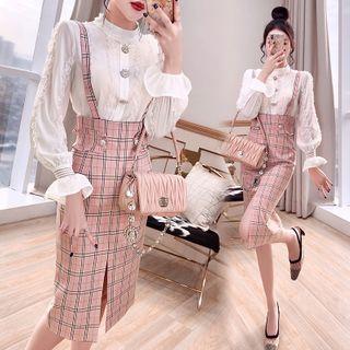 Set: Lace Trim Blouse + Plaid Overall Dress