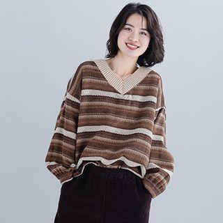 V-neck Striped Pullover As Shown In Figure - One Size