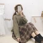 Distressed Sweater / Plaid Midi A-line Skirt