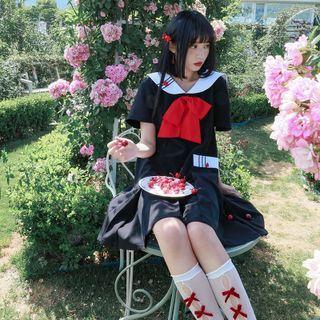 Short-sleeve Bow Sailor-collar Midi Dress