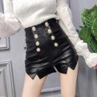 High-waist Double-breasted Faux Leather Shorts