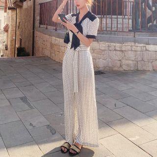 Short-sleeve Plaid Wide-leg Jumpsuit