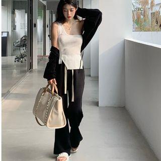 One Shoulder Plain Camisole Top / Plain Cardigan / Plain Elastic Band Draped Sweatpants