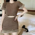 Short-sleeve Fluffy Trim Knit Top / Skirt