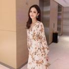 Floral Long-sleeve Midi A-line Dress Off-white - One Size