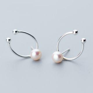 925 Sterling Silver Faux Pearl Open Hoop Earring