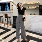 V-neck Tie-waist Top/ High-waist Wide-leg Pants