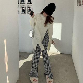 Slitted Oversized Sweater / Sweater / Houndstooth Boot-cut Pants