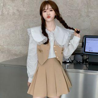 Long-sleeve Peter Pan-collar Shirt / Asymmetrical Hem Button-up Vest / Pleated Mini A-line Skirt