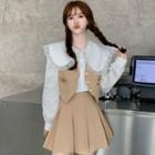 Long-sleeve Peter Pan-collar Shirt / Asymmetrical Hem Button-up Vest / Pleated Mini A-line Skirt