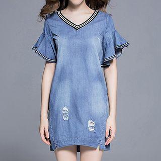 Ruffle Trim Short-sleeve V-neck Denim Dress