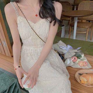 Faux Pearl Strap Midi A-line Lace Dress