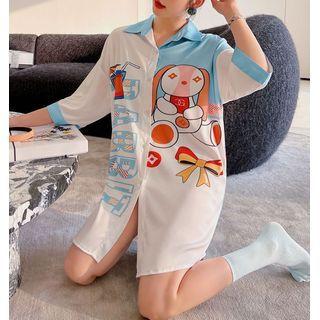 3/4-sleeve Cartoon Print Shirt Sleep Dress