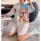 3/4-sleeve Cartoon Print Shirt Sleep Dress