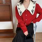 Embroidered Contrast Collar Cardigan