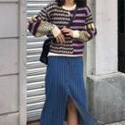 Printed Sweater / Striped Midi A-line Denim Skirt
