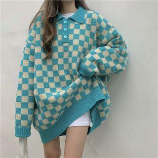 Polo-neck Checker Print Sweater