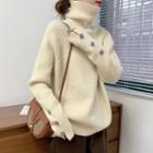 High-neck Long-sleeve Button Panel Plain Knit Top