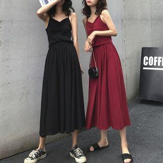 Set: Spaghetti Strap Crinkled Top + A-line Midi Skirt