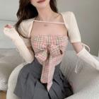 Plaid Bow Tube Top / Long-sleeve Cropped Top / Set