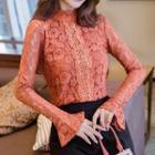 Bell-sleeve Mock-neck Lace Top