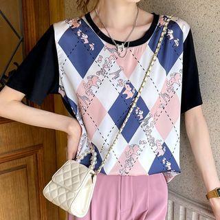 Elbow-sleeve Argyle Panel T-shirt