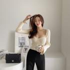 Slit-cuff Rib-knit Cropped Top