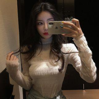 High-neck Ruched Lace Top