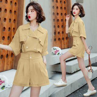 Set: Short Sleeve Double Breasted Shirt + Plain Shorts